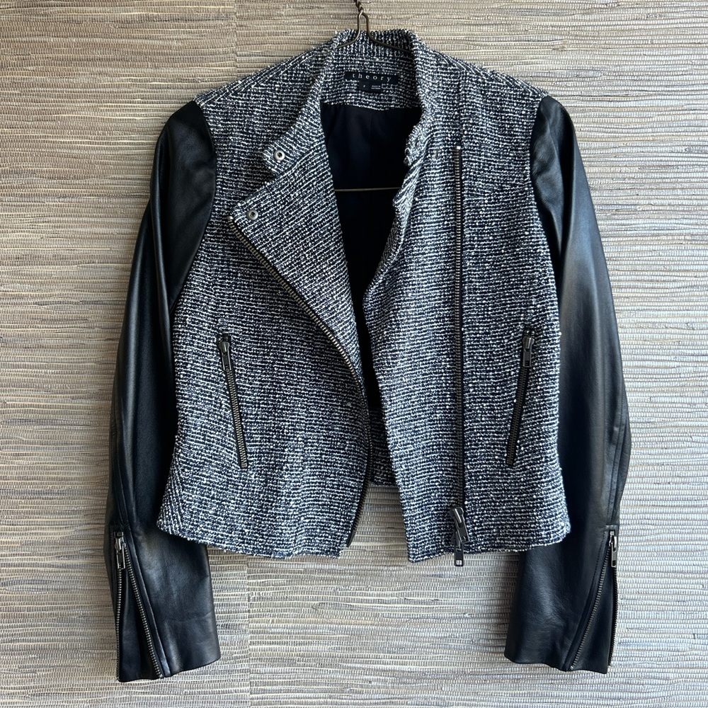 Theory Boucle Tweed Asymmetrical Lambskin Sleeve Moto Jacket Size 2